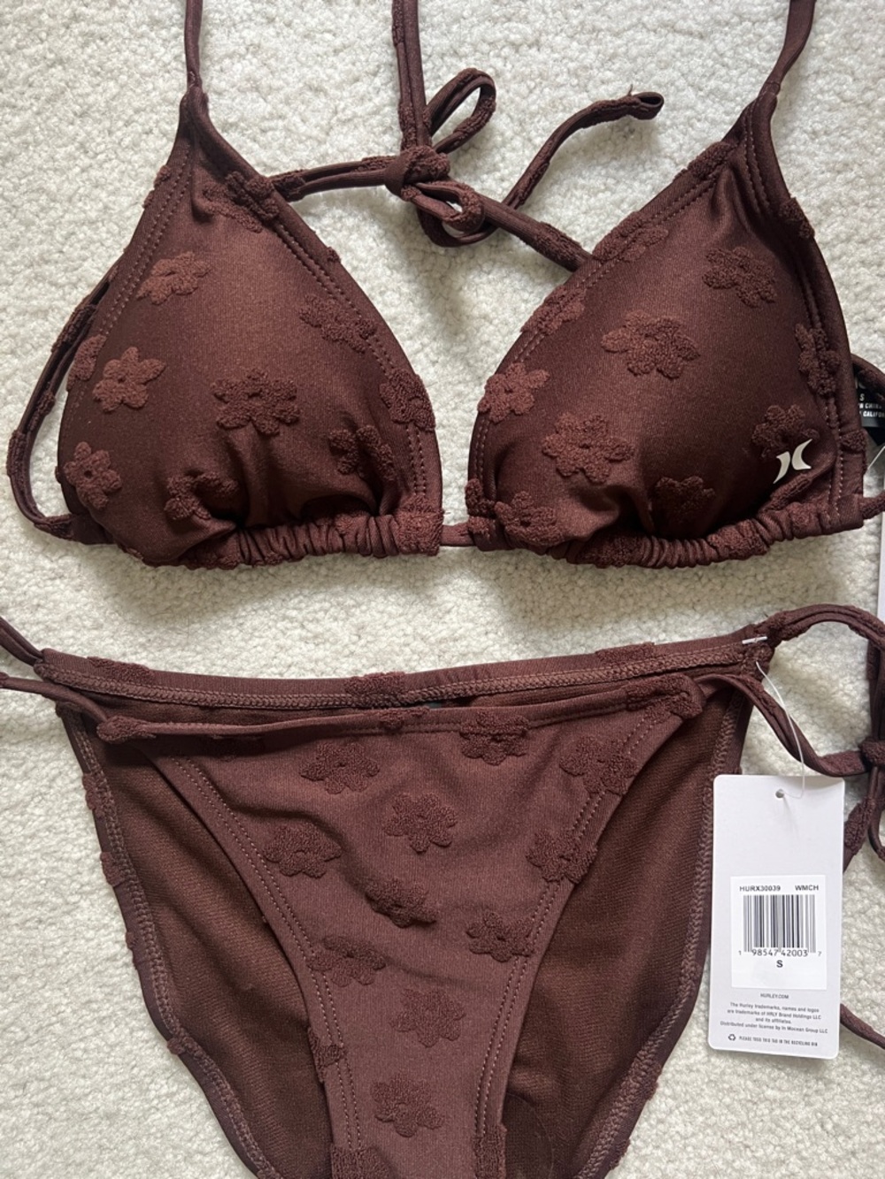 Hurley Brown Floral Triangle Tie-Side Bikini Set (S)